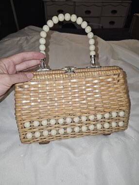 Made Expressly For Simon Woven Bead-Handle Top-Handle Bag in Natural and Cream